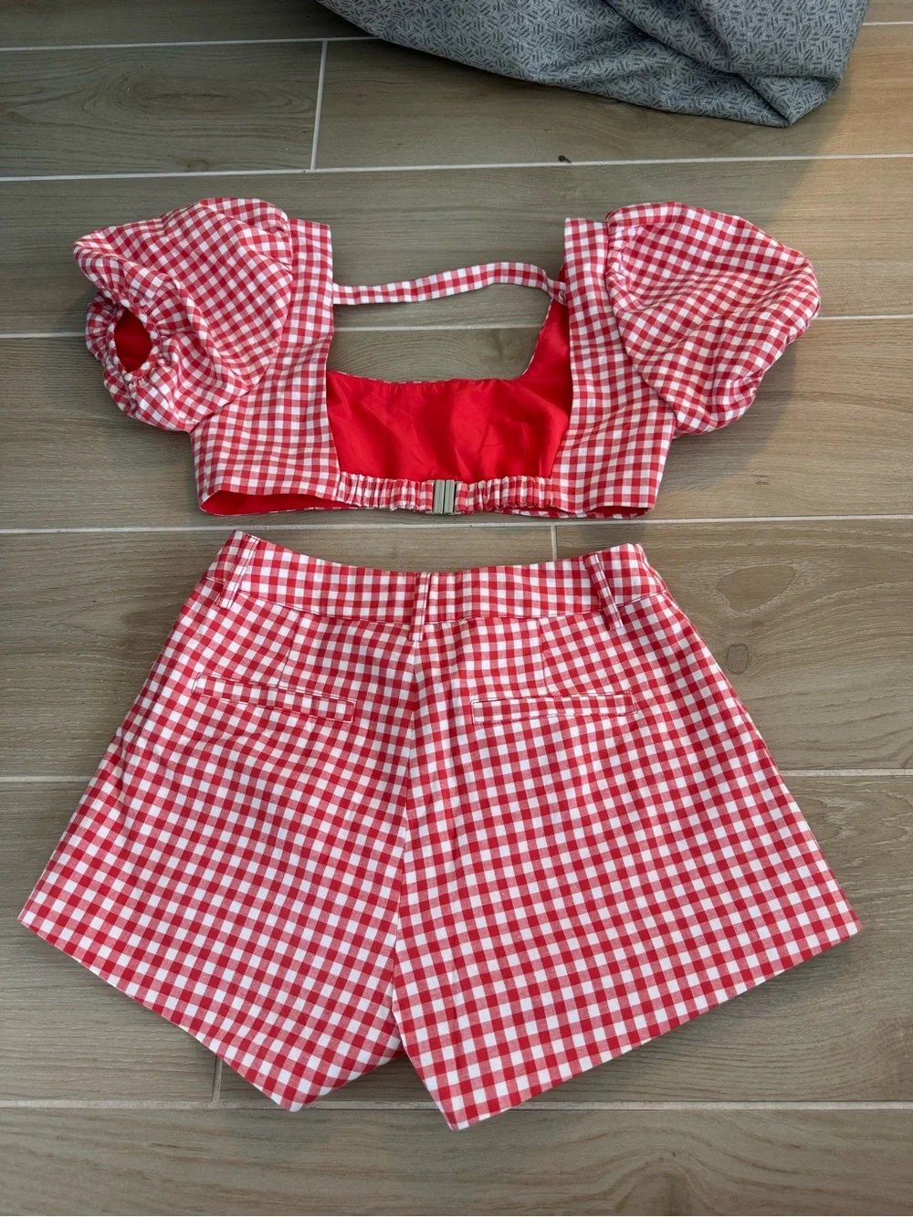 Red Gingham Puff-Sleeve Crop Top & Matching High-Waist Bermudas